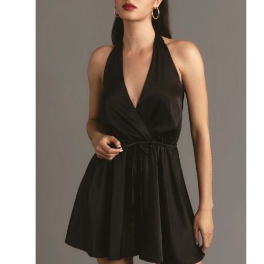 Anthropologie Hutch Black Halter Satin Romper XL Waist Tie Open Back NWT